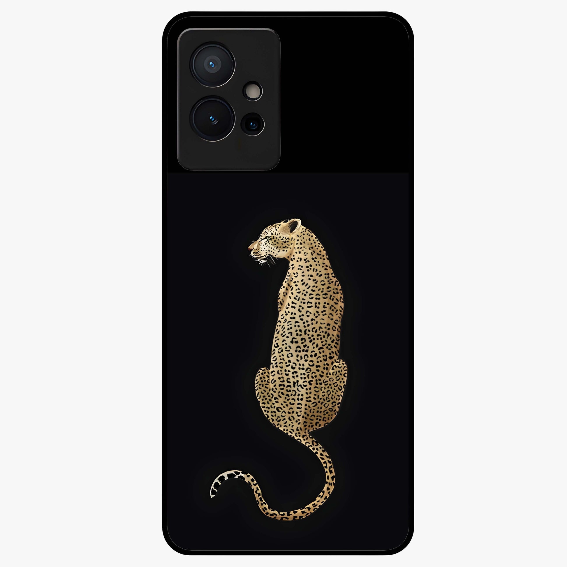 Regal Leopard Glass Case showing flat back view with bold leopard artwork and glossy glass finish.