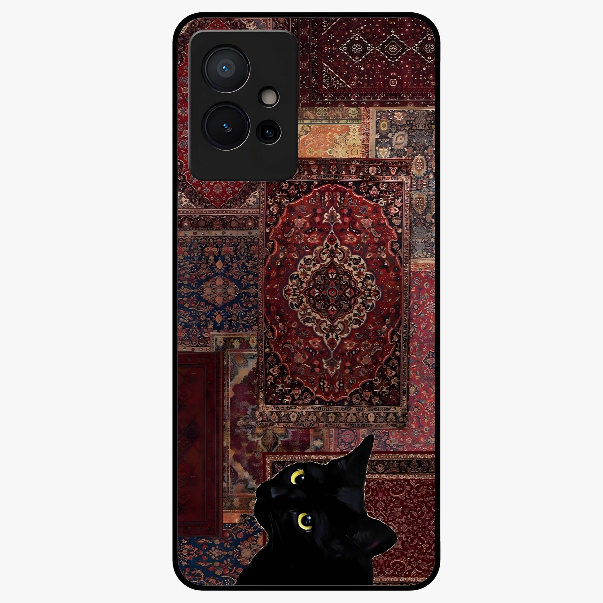 Regal Magic Cat Apple Glass Case showing flat back view with magical cat artwork holding apple and glossy glass finish.