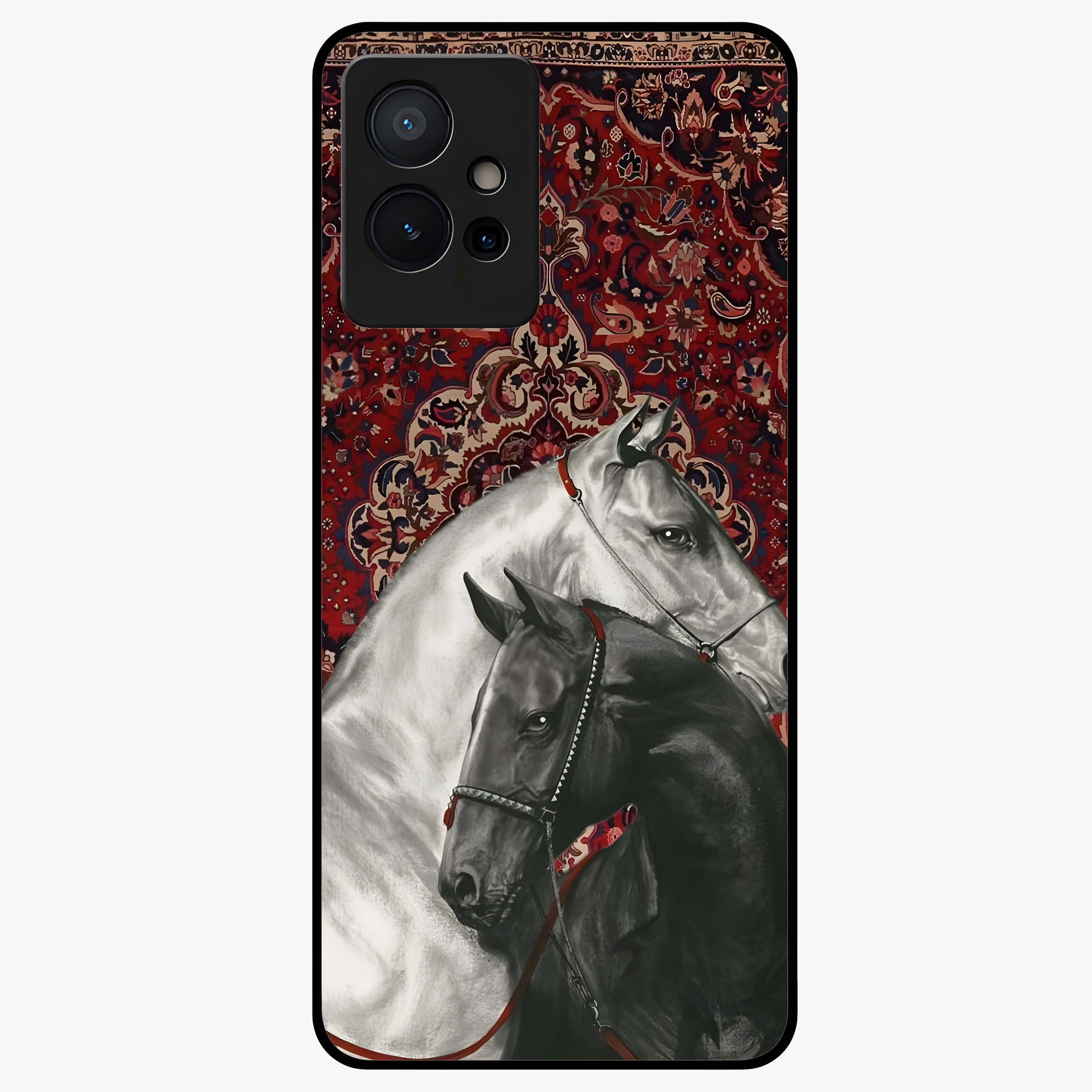 Regal Stallion Tapestry Glass Case showing flat back view with majestic horse tapestry artwork and glossy glass finish.
