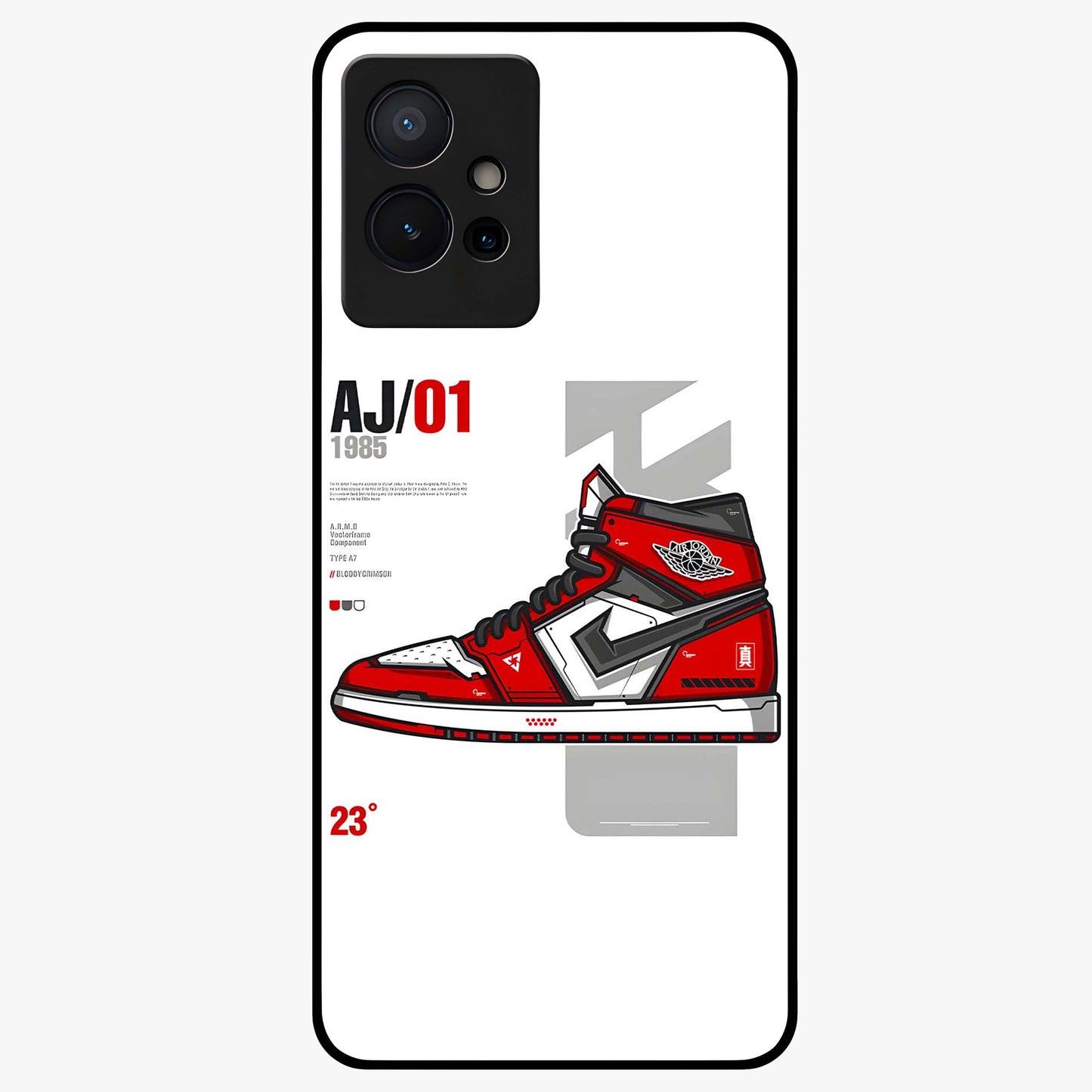 Retro Sneaker Blueprint Glass Case showing flat back view with sneaker blueprint style artwork and glossy glass finish.