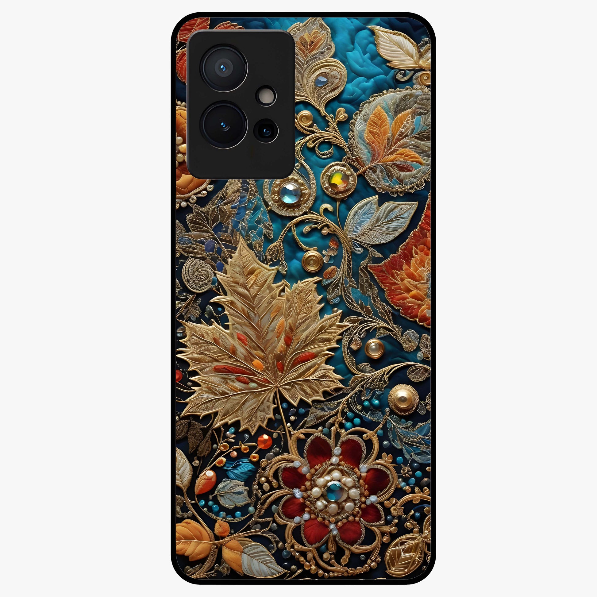 Royal Jewel Garden Glass Case showing flat back view with decorative floral garden artwork and glossy glass finish.