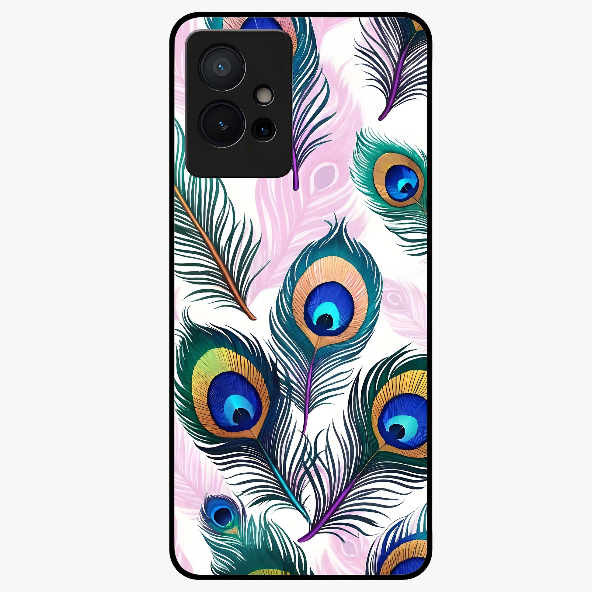 Royal Peacock Feathers Glass Case showing flat back view with colorful peacock feather artwork and glossy glass finish.