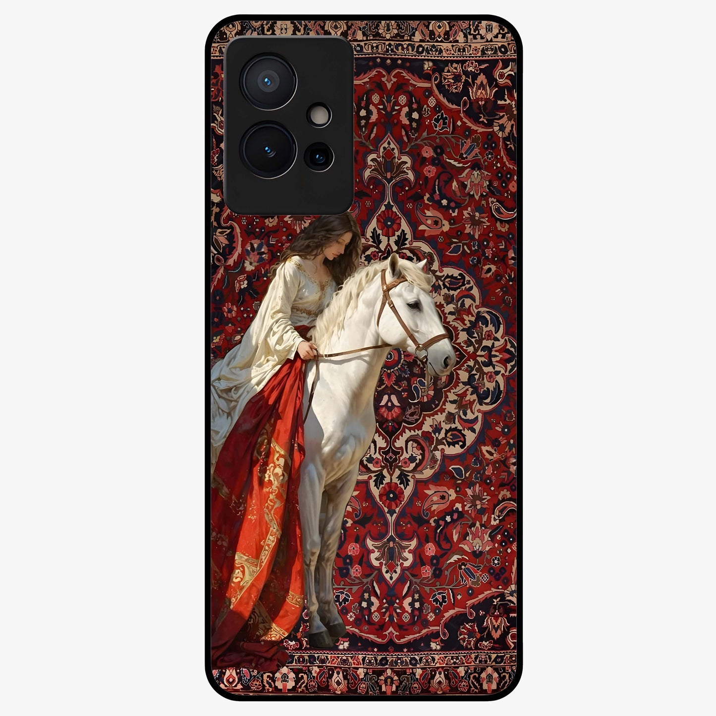 Royal Rider Tapestry Glass Case showing flat back view with majestic horse rider tapestry artwork and glossy glass finish.