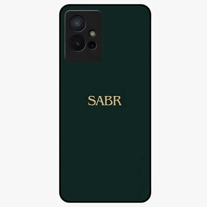 Sabr Minimal Patience Glass Case showing flat back view with minimalist typography artwork and glossy glass finish.