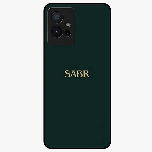 Sabr Minimal Patience Glass Case showing flat back view with minimalist typography artwork and glossy glass finish.