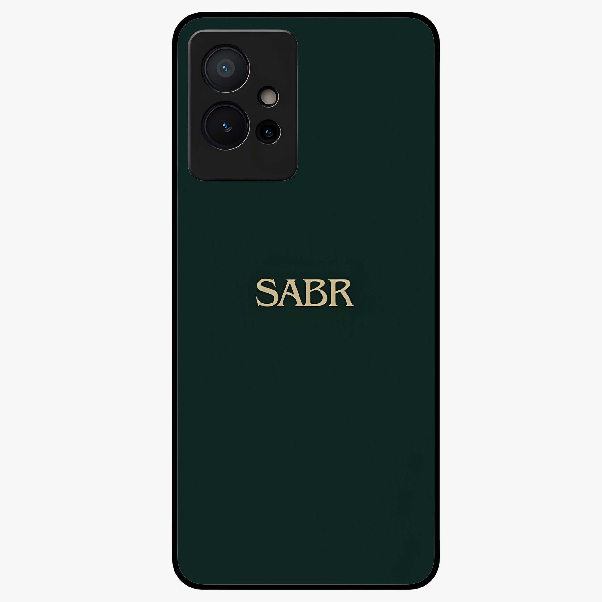 Sabr Minimal Patience Glass Case showing flat back view with minimalist typography artwork and glossy glass finish.