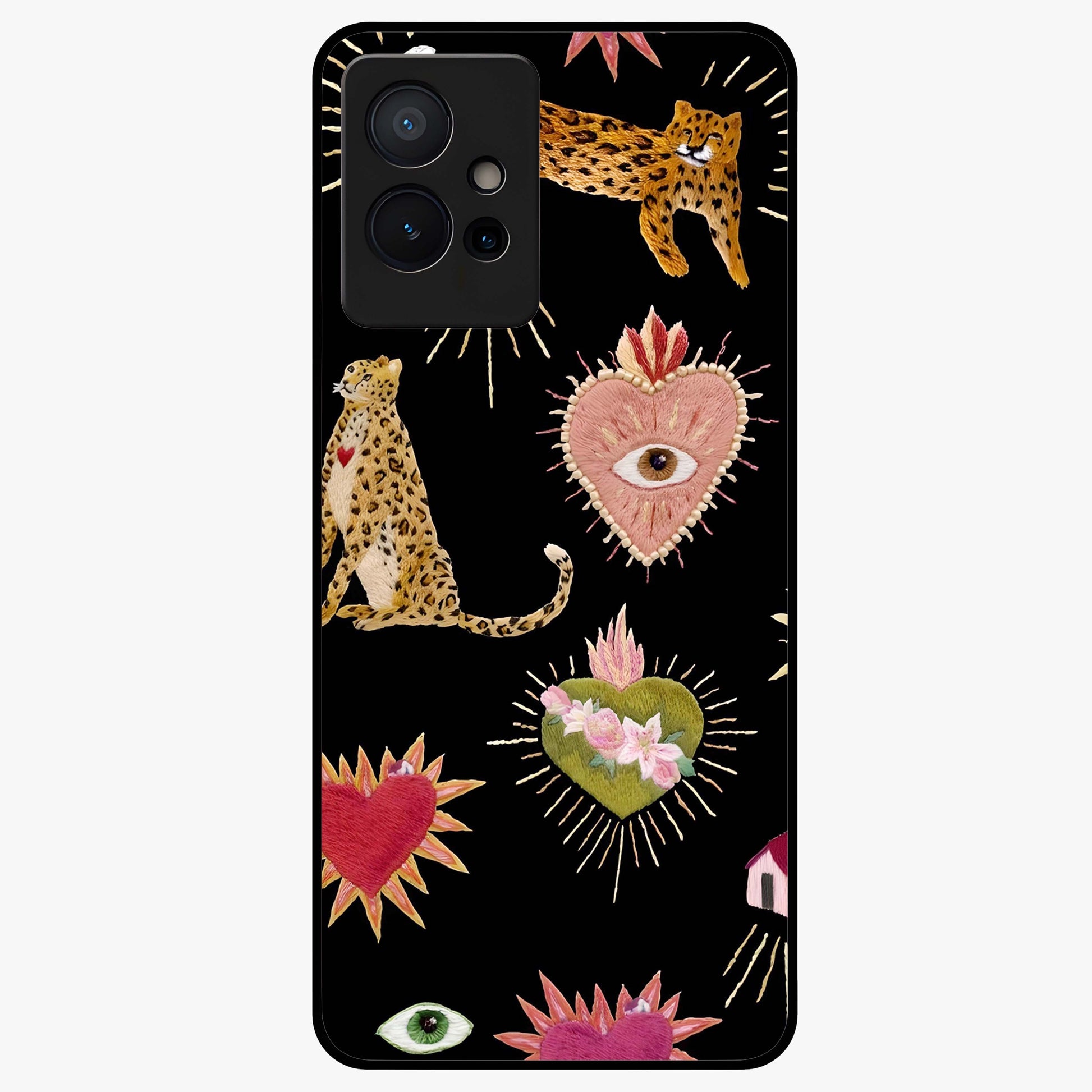 Sacred Jungle Heart Glass Case showing flat back view with jungle inspired heart artwork and glossy glass finish.