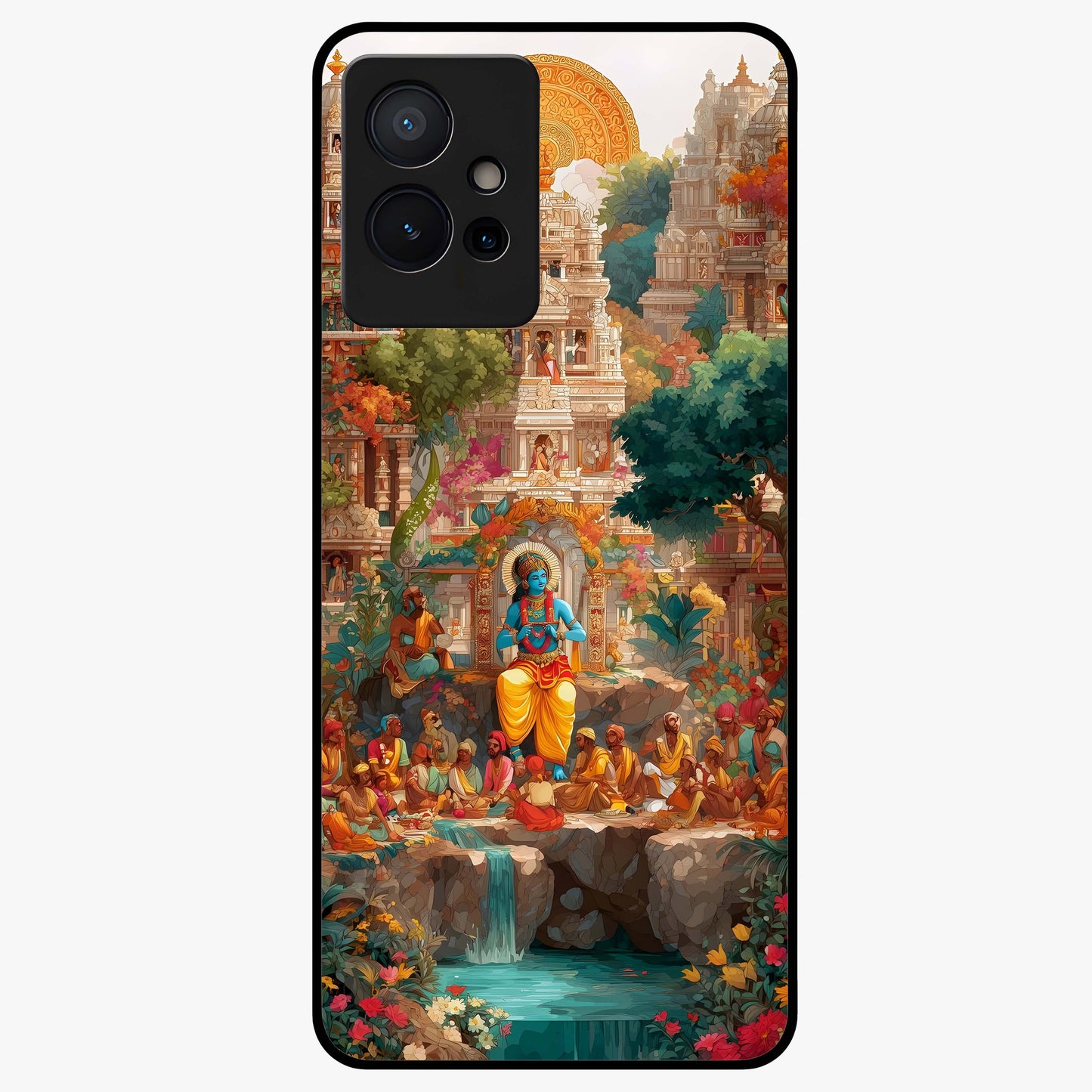 Sacred Sunlight Gods Glass Case showing flat back view with divine sunlight themed artwork and glossy glass finish.