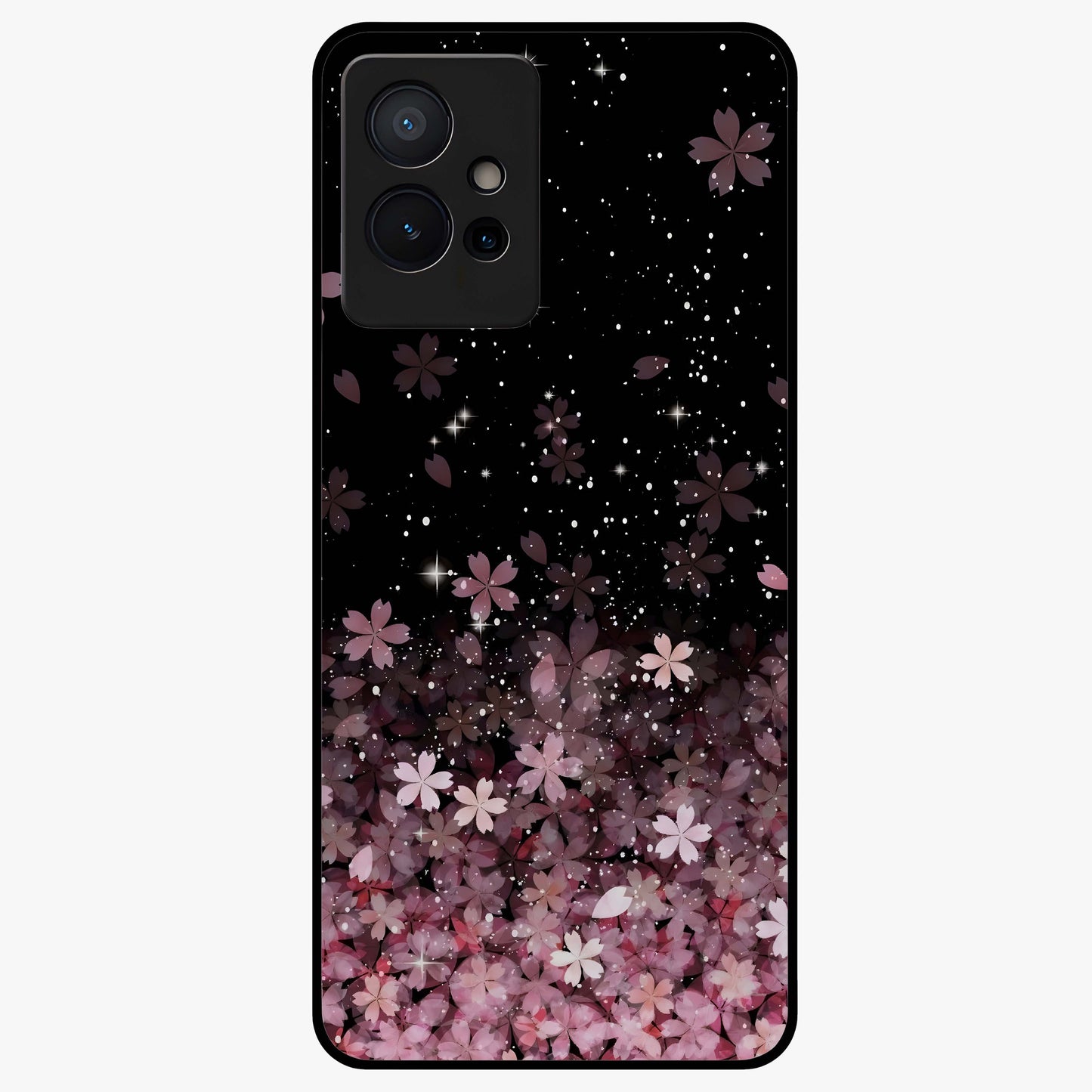 Small Starry Flowers Glass Case showing flat back view with delicate starry floral artwork and glossy glass finish.