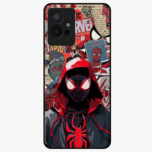Spider Collage Street Glass Case showing flat back view with vibrant superhero collage artwork and glossy glass finish.