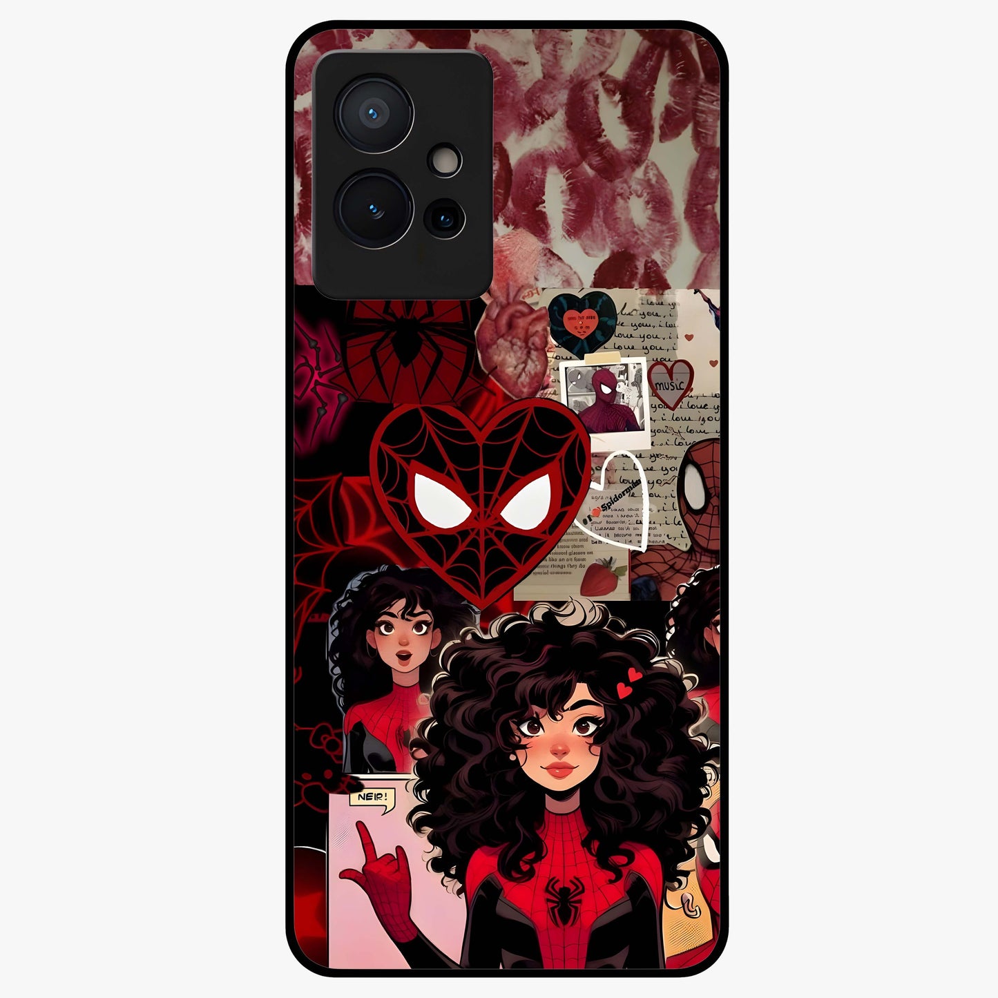 Spider Love Story Glass Case showing flat back view with romantic superhero themed artwork and glossy glass finish.