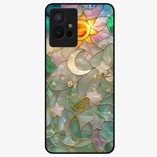 Stained Sunrise Glow Glass Case showing flat back view with glowing sunrise stained pattern artwork and glossy glass finish.
