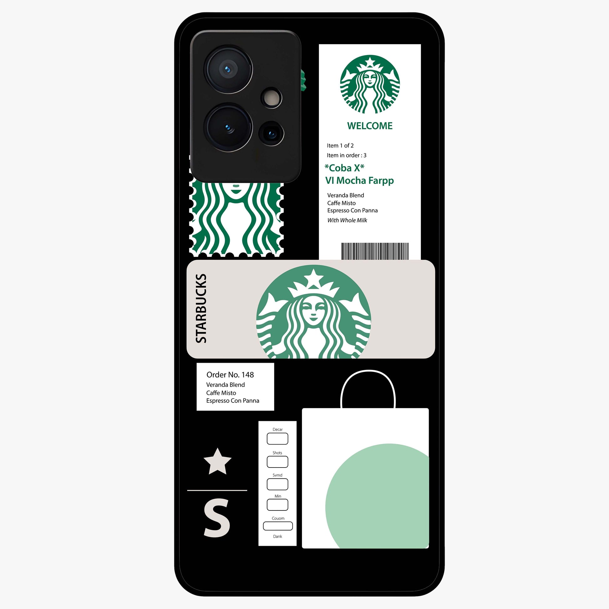 Starbucks Mocha Glass Case showing flat back view with coffee inspired artwork and glossy glass finish.