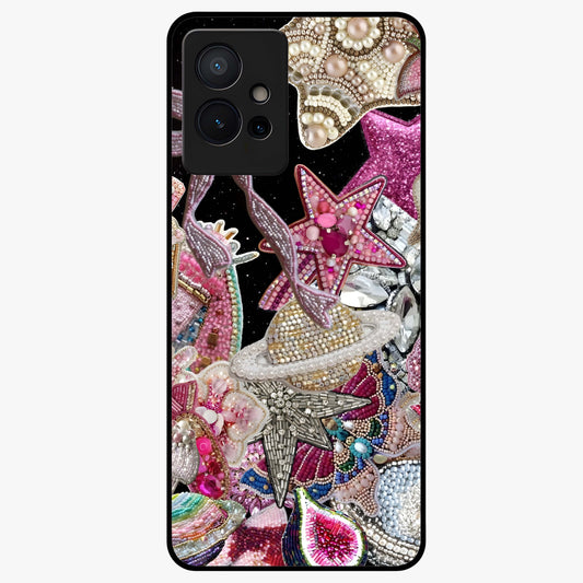 Starlit Jewel Dream Glass Case showing flat back view with sparkling jewel and star themed artwork and glossy glass finish.