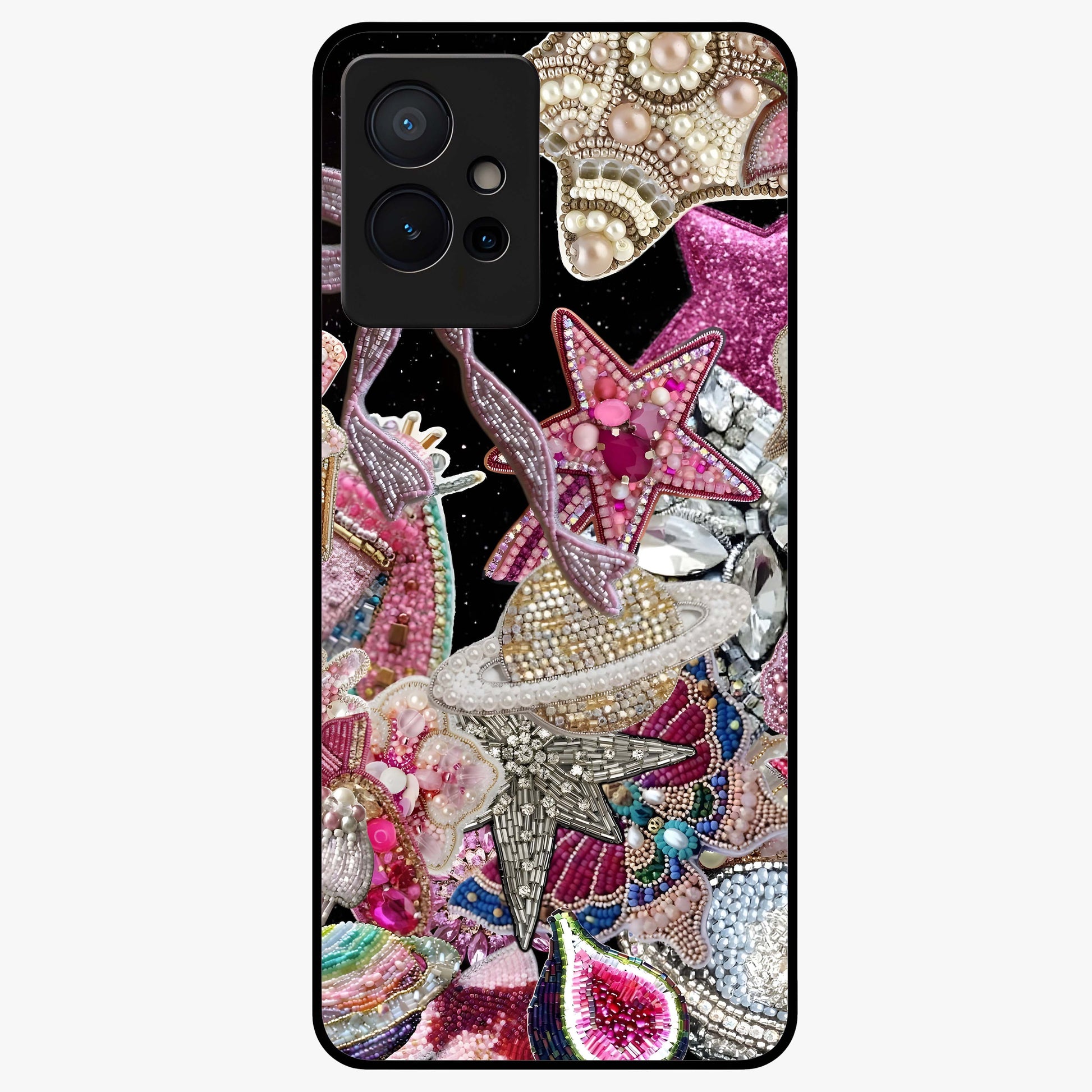 Starlit Jewel Dream Glass Case showing flat back view with sparkling jewel and star themed artwork and glossy glass finish.
