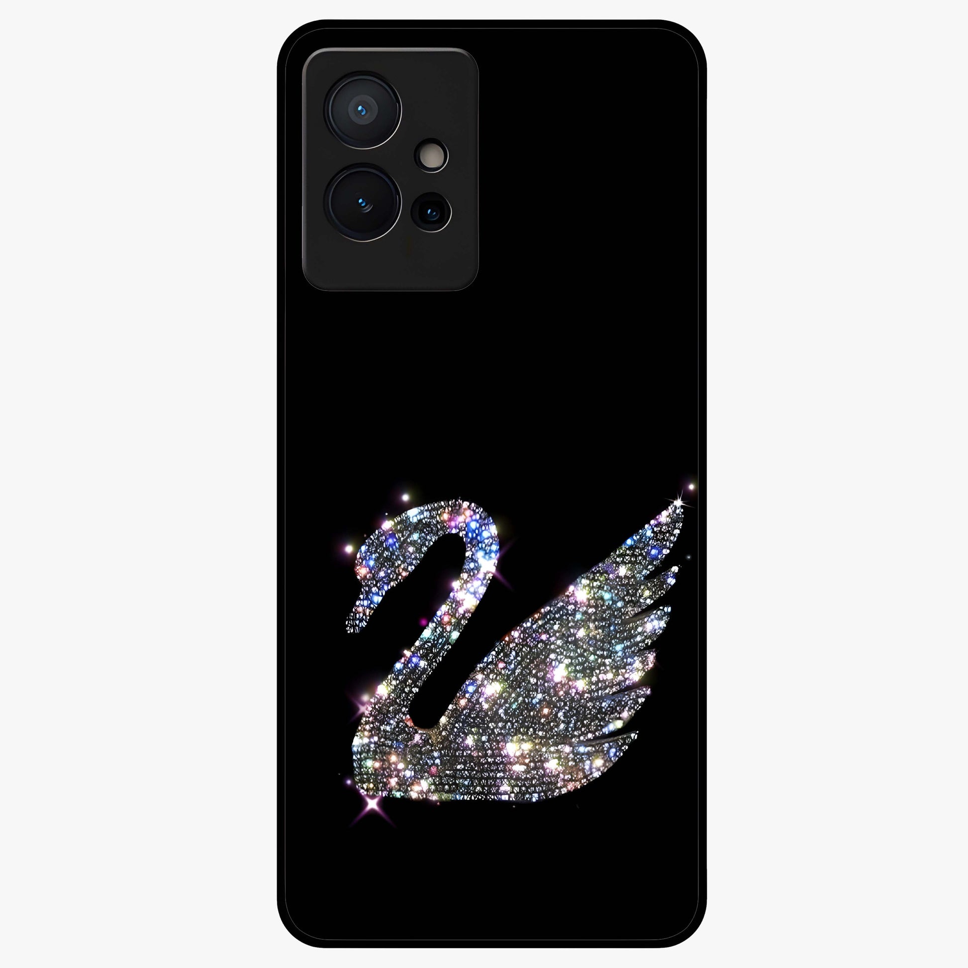 Starlit Swan Grace Glass Case showing flat back view with graceful swan artwork under starry sky and glossy glass finish.