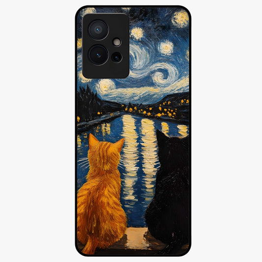 Starry River Cats Glass Case showing flat back view with cats by a starry river artwork and glossy glass finish.