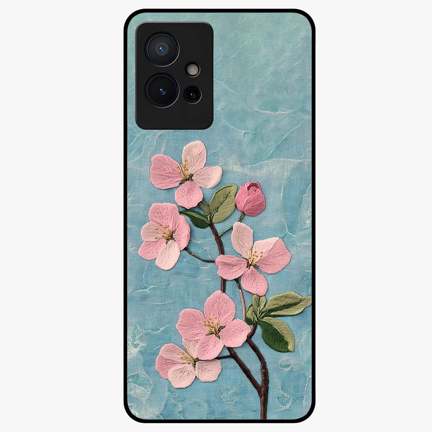 Threaded Blossom Breeze Glass Case showing flat back view with delicate blossom artwork and glossy glass finish.
