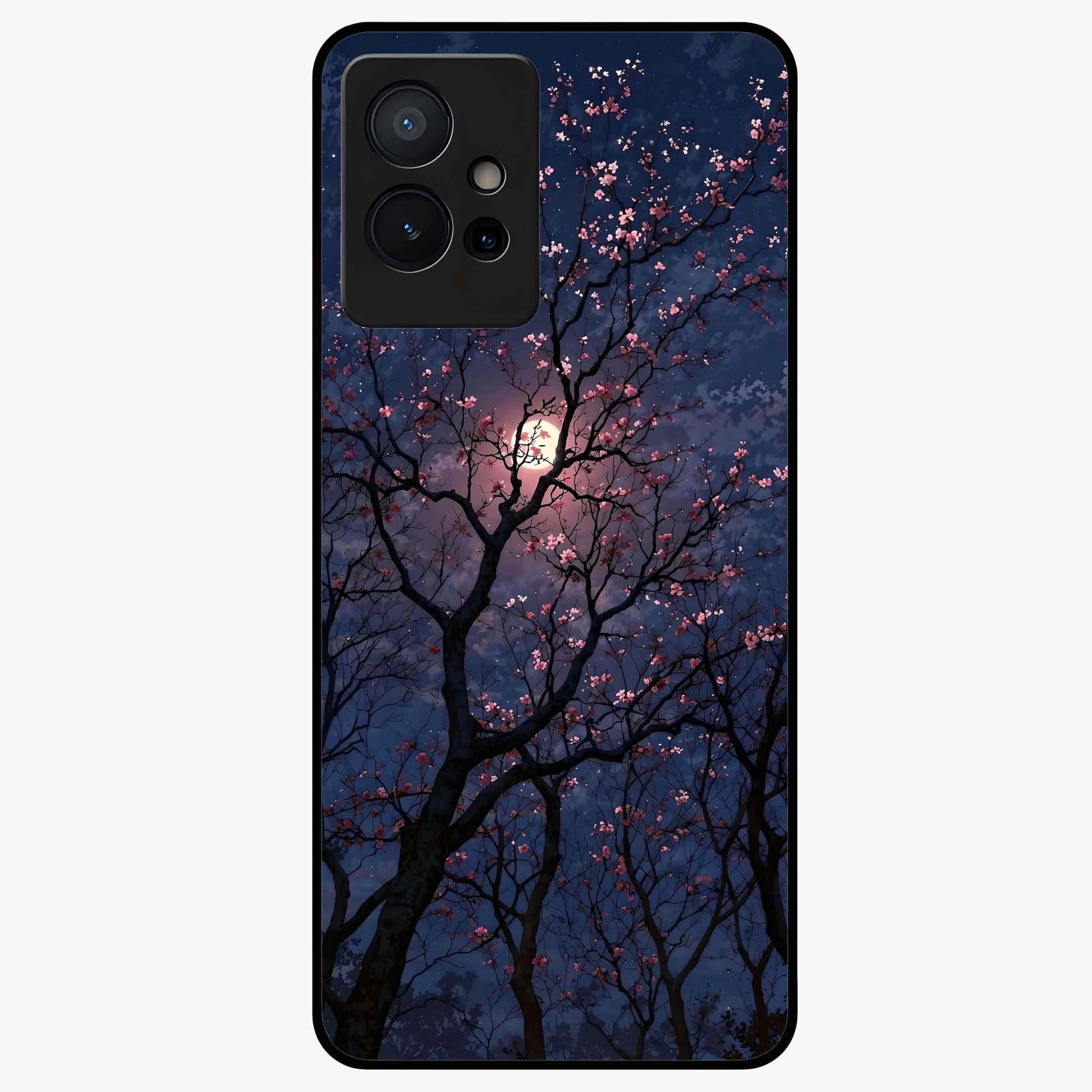 Twilight Sakura Serenade Glass Case showing flat back view with cherry blossom artwork at twilight and glossy glass finish.
