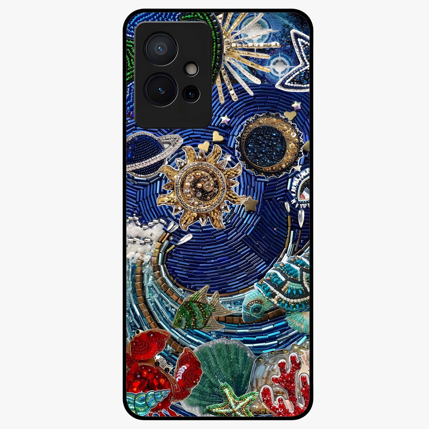 Universe Underwater Spark Glass Case showing flat back view with cosmic underwater themed artwork and glossy glass finish.