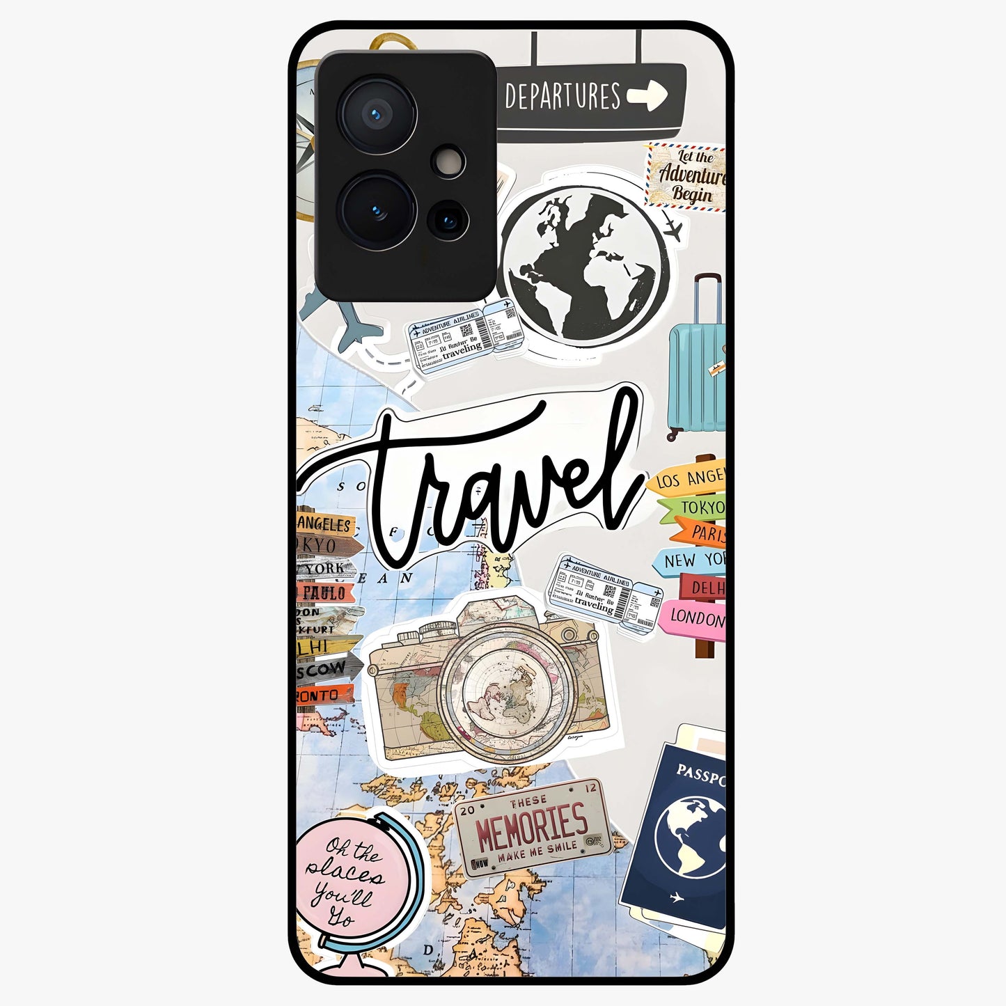Wanderlust Journal Glass Case showing flat back view with travel inspired artwork and glossy glass finish.