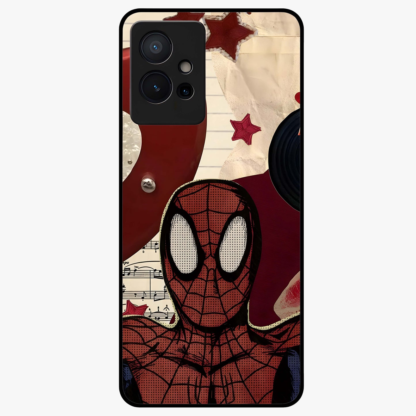 Web Warrior Vibes Glass Case showing flat back view with superhero inspired web themed artwork and glossy glass finish.