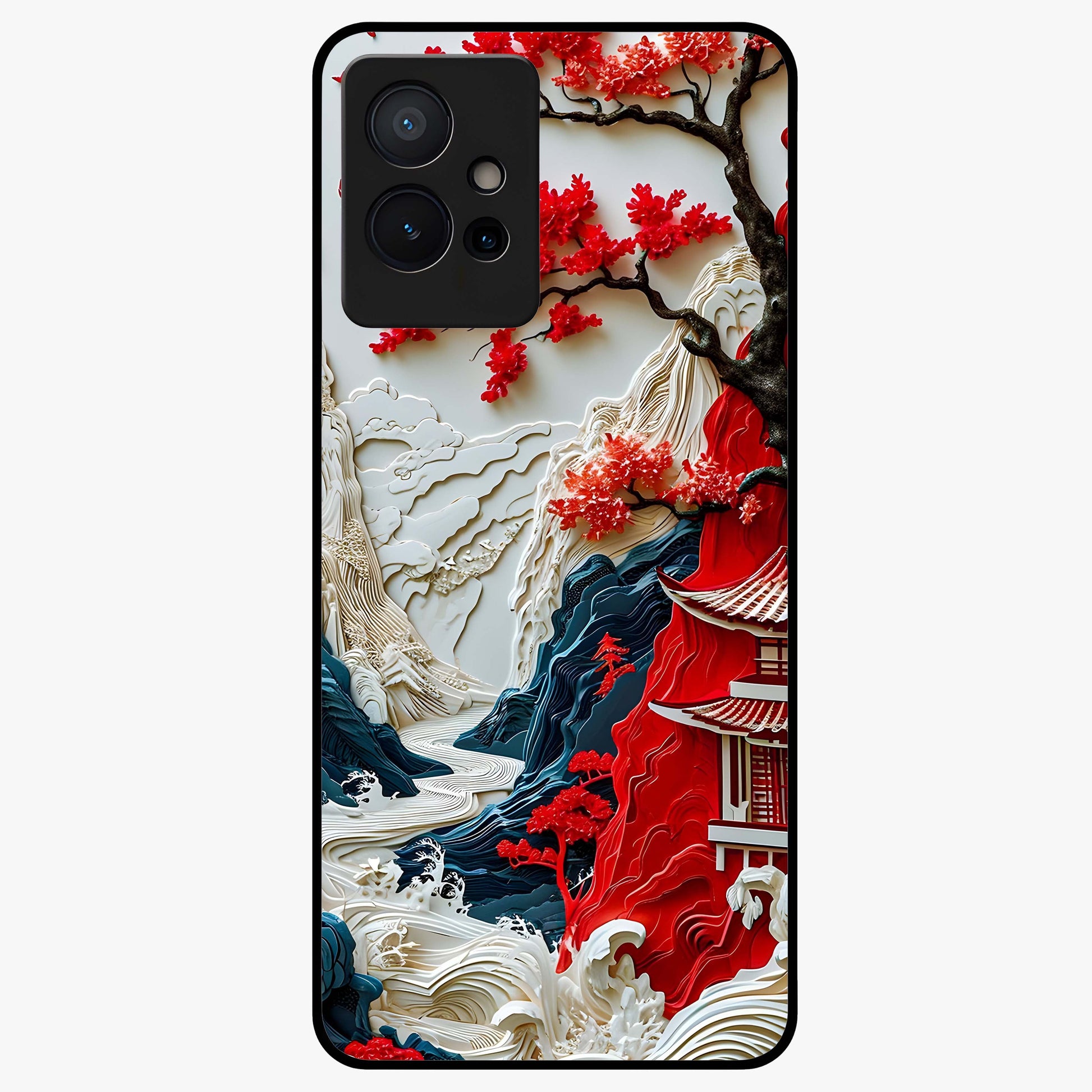 Whispers Of Sakura Waves Glass Case showing flat back view with cherry blossom wave artwork and glossy glass finish.