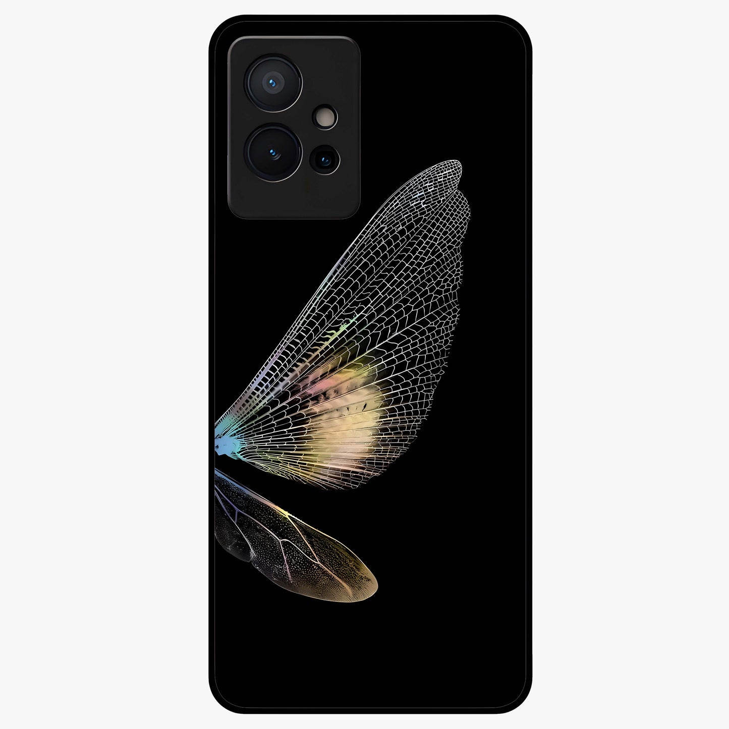 Whispers Of Wings Glass Case showing flat back view with graceful wing inspired artwork and glossy glass finish.