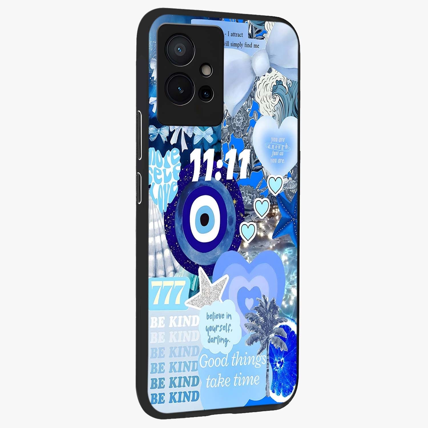 Aesthetic Be Kind Eye Glass Case upright view showcasing stylish eye illustration with positive message theme.