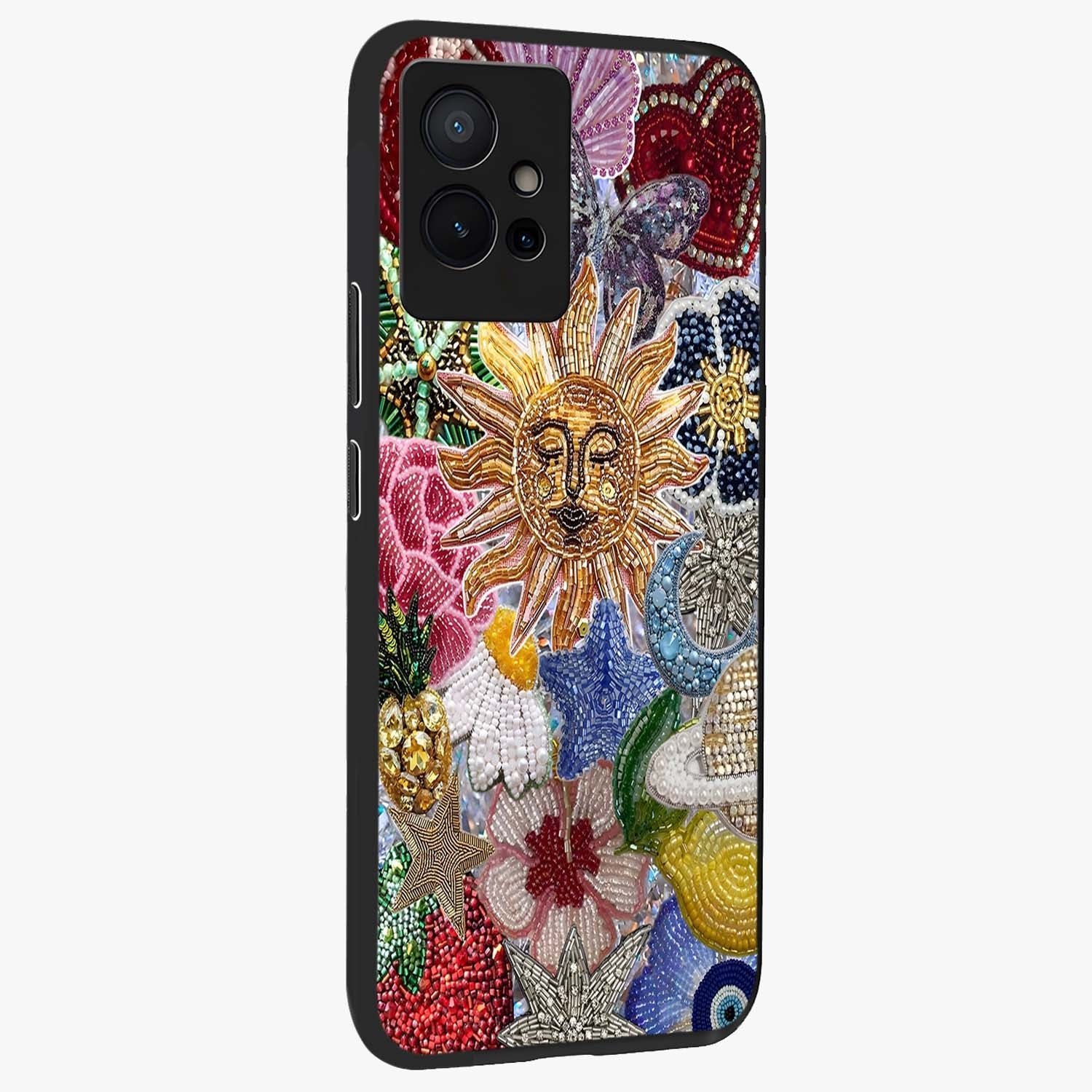 Celestial Floral and Playful Glass Case upright view showcasing whimsical floral artwork with cosmic aesthetic theme.