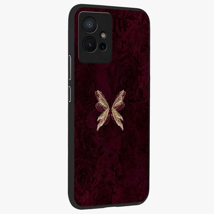 Crimson Fade Butterfly Glass Case upright view showcasing graceful butterfly artwork with soft crimson fade effect.