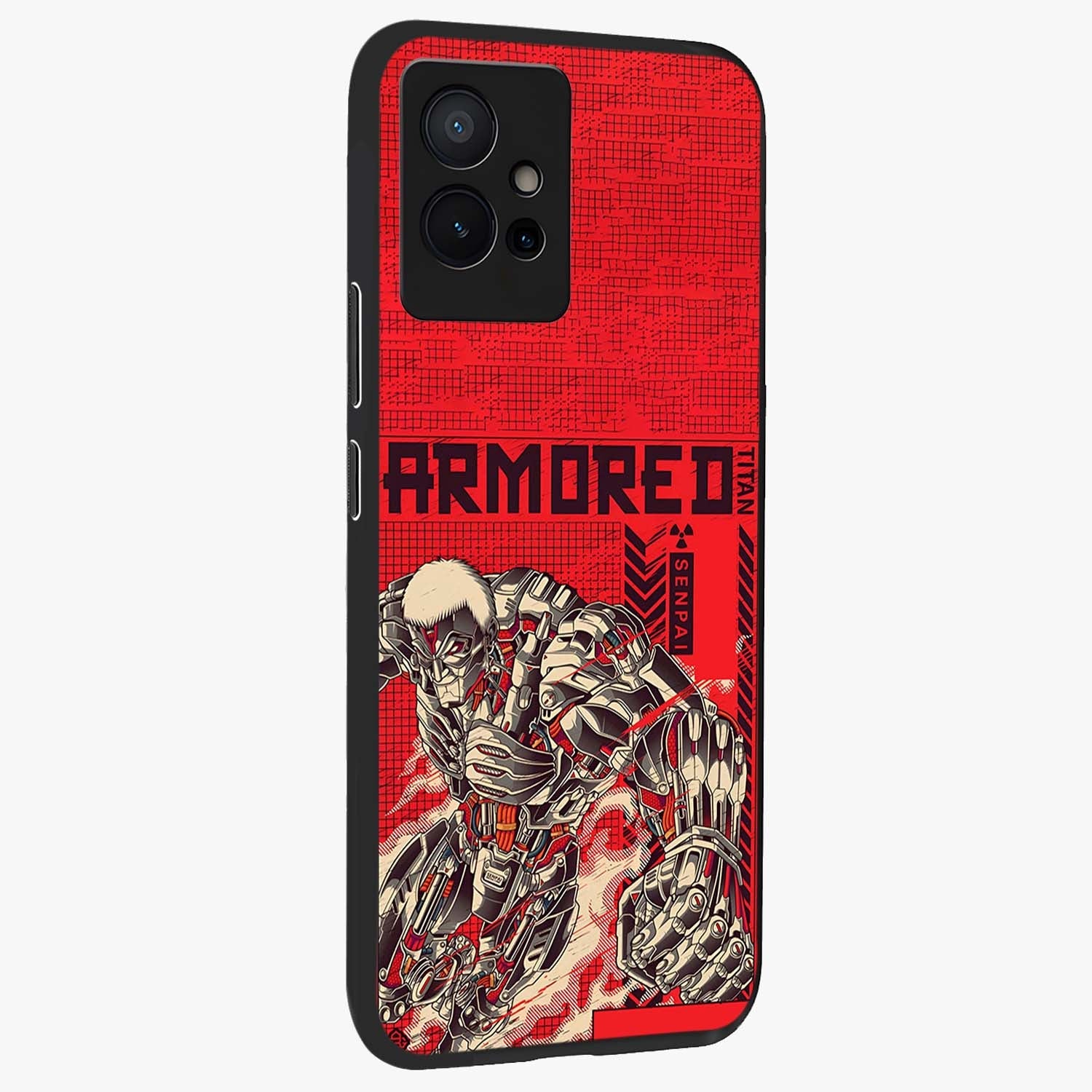 Crimson Mecha Titan Glass Case upright view showcasing dynamic robotic titan design with sci-fi inspired theme.