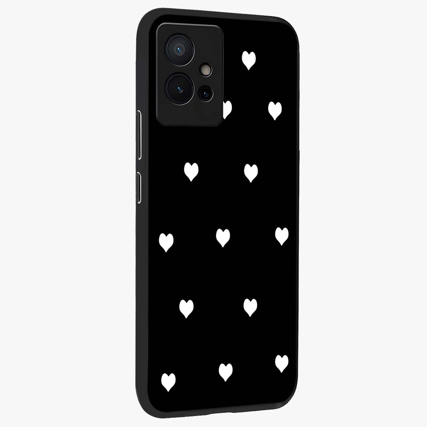 Cute And Simple White Hearts Glass Case upright view showcasing simple white hearts artwork with soft minimal theme.