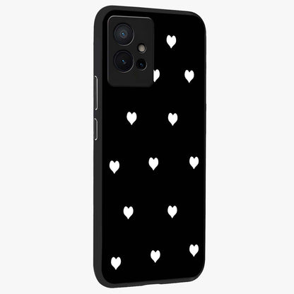 Cute And Simple White Hearts Glass Case upright view showcasing simple white hearts artwork with soft minimal theme.