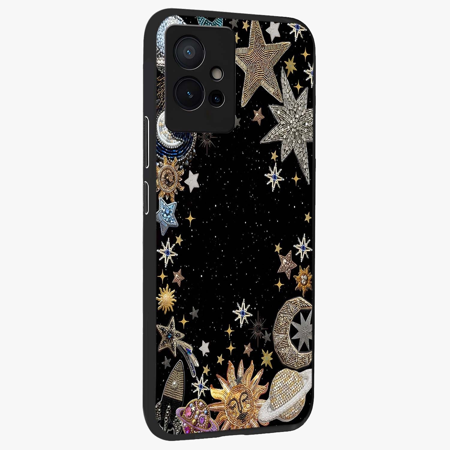 Galactic Jewel Stars Glass Case upright view showcasing glittering star jewel artwork with vibrant galaxy theme.