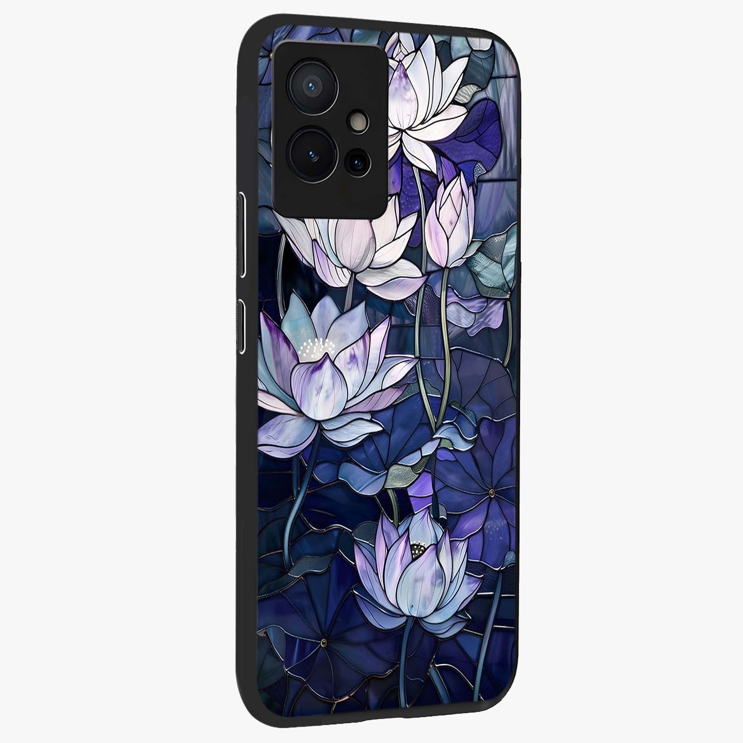 Gloss Petal Rush Glass Case upright view showcasing dynamic floral petal artwork with modern botanical theme.