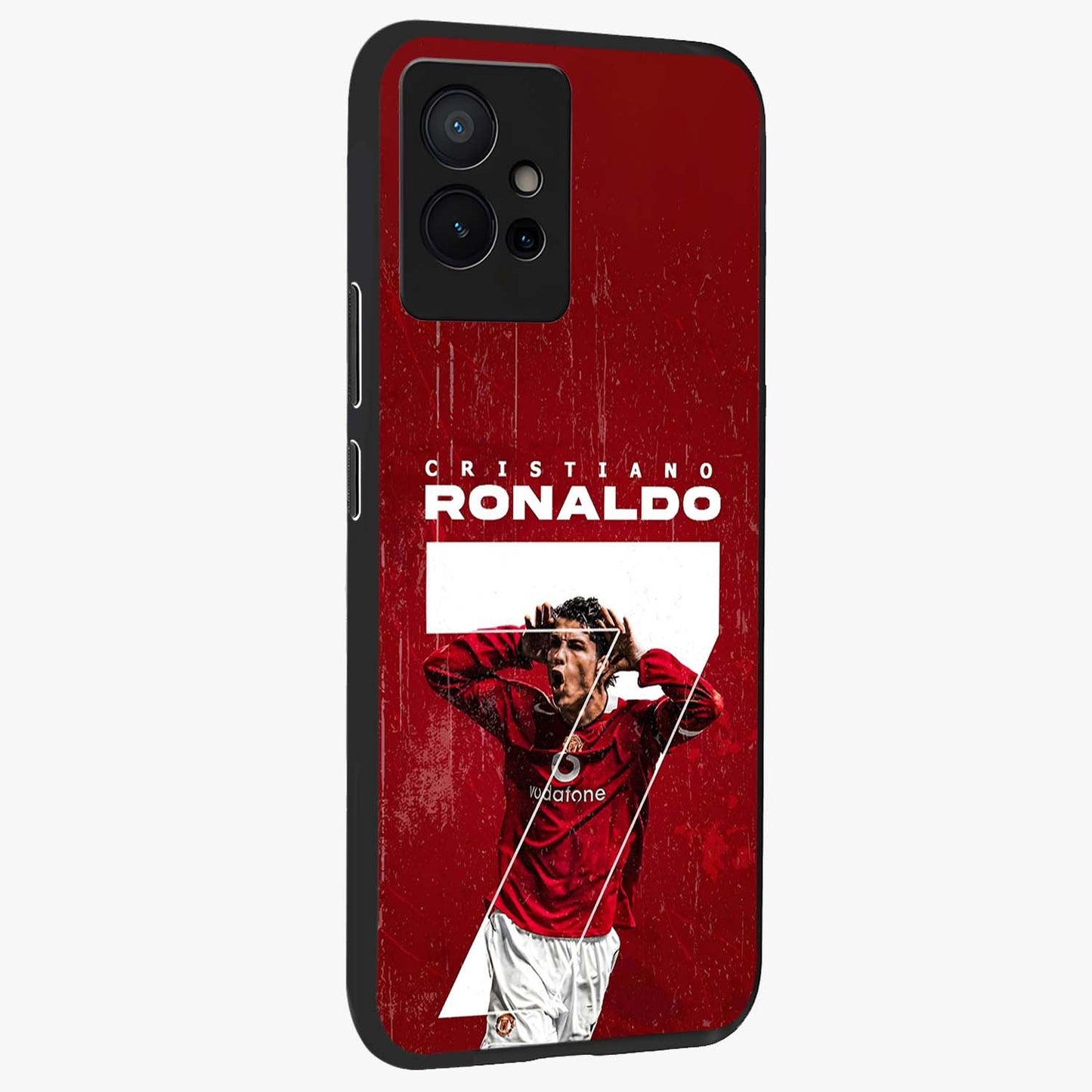Goal Celebration Legacy Glass Case upright view showcasing dynamic football inspired artwork with victory celebration aesthetic.