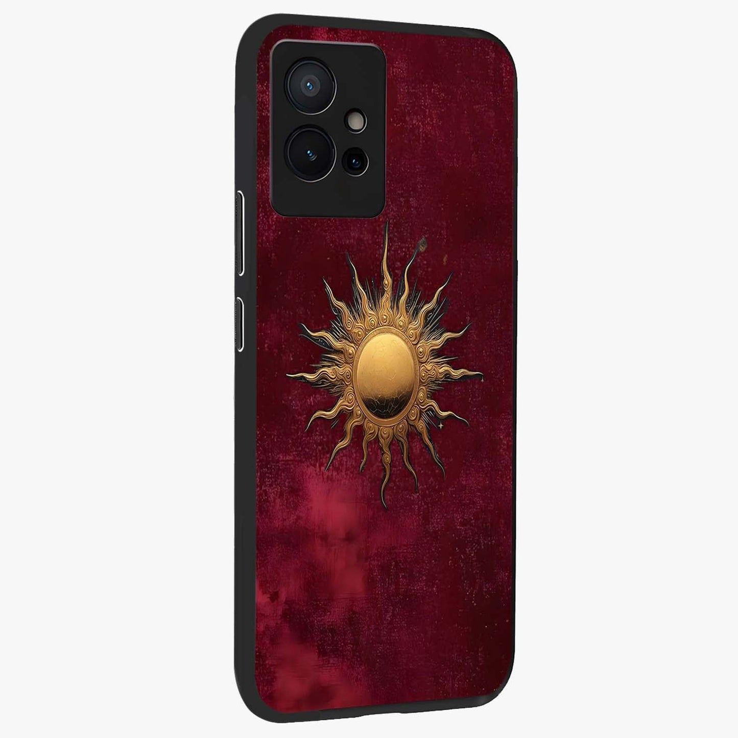 Golden Sun Minimalism Glass Case upright view showcasing simple golden sun artwork with elegant minimalist style.