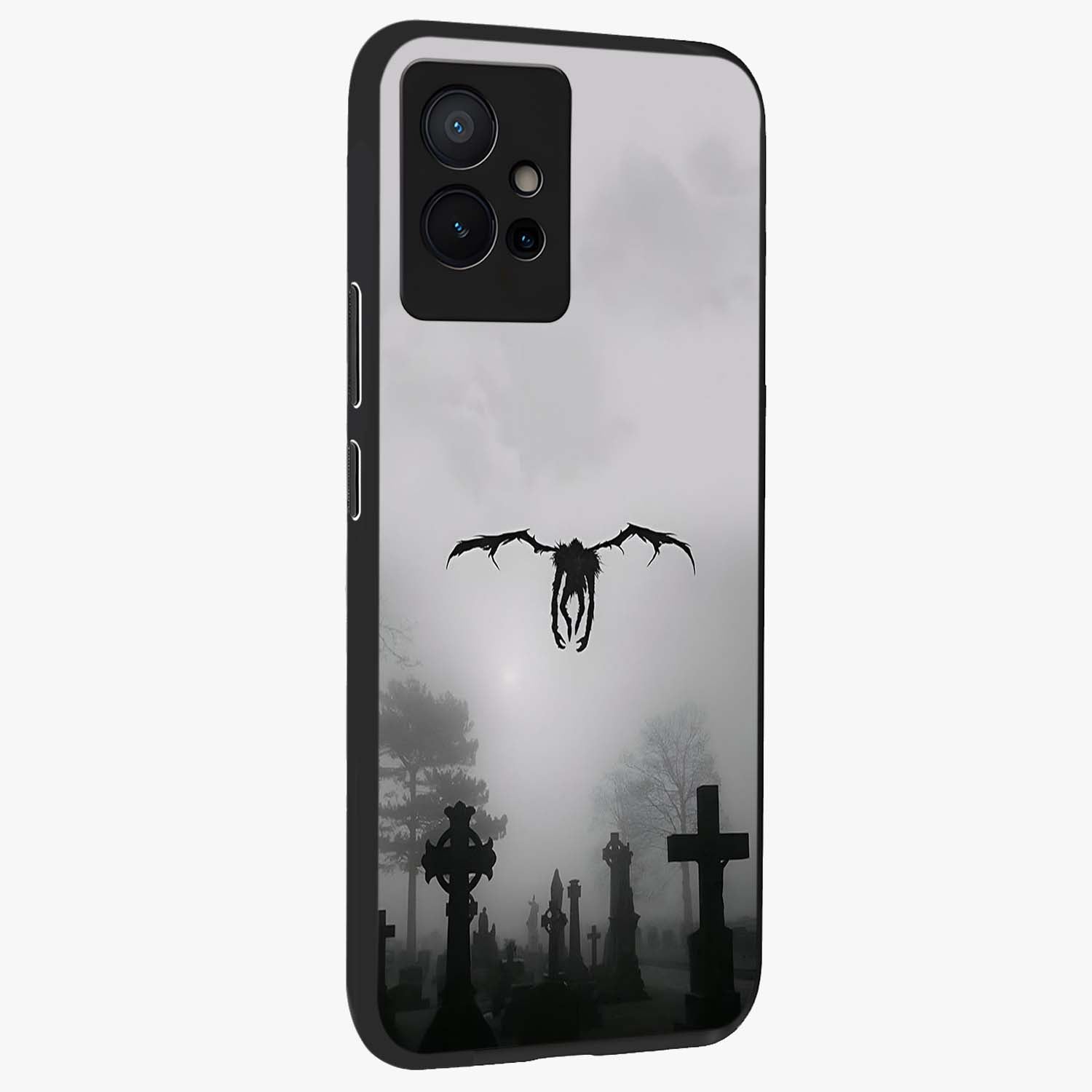 Graveyard Shadow Descent Glass Case upright view showcasing haunting graveyard artwork with dramatic dark theme.