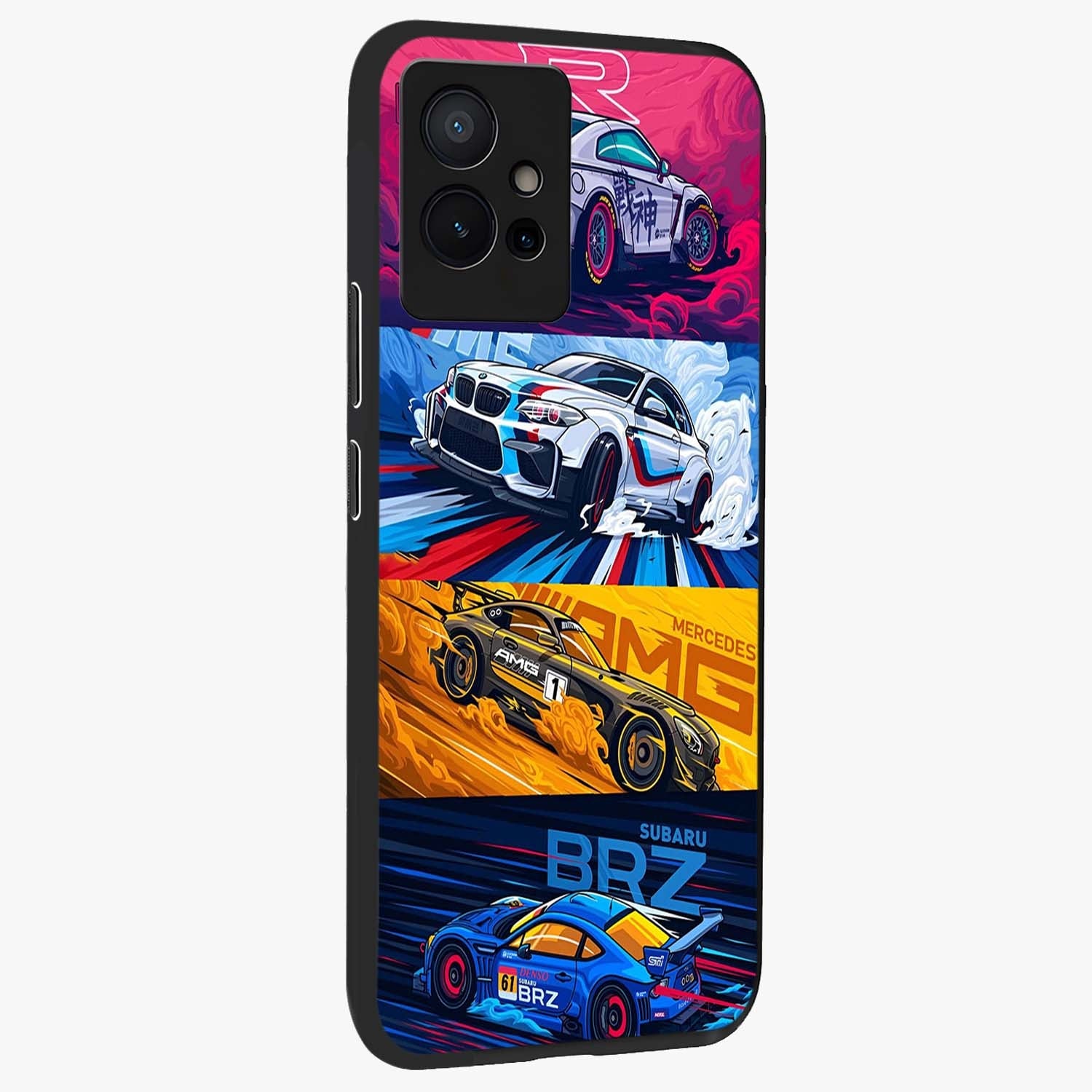 JDM Sports Car Glass Case upright view showcasing dynamic sports car artwork with bold racing theme.