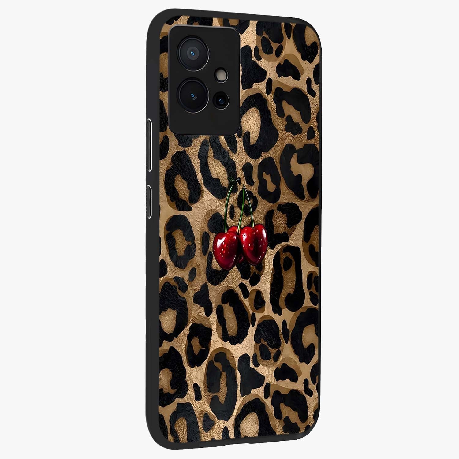 Leopard Wild Cherry Glass Case upright view showcasing stylish leopard pattern artwork with trendy fashion theme.