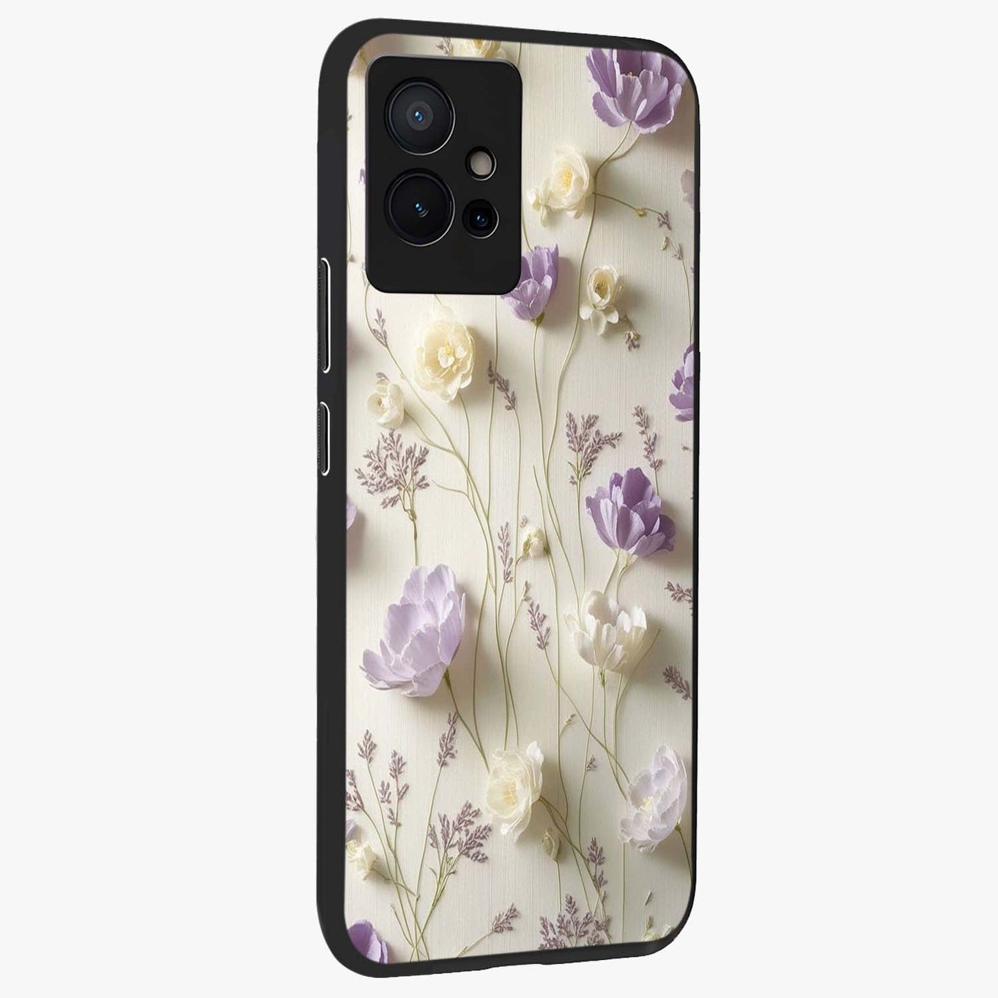 Lilac Breeze Harmony Glass Case upright view showcasing delicate lilac artwork with peaceful floral theme.