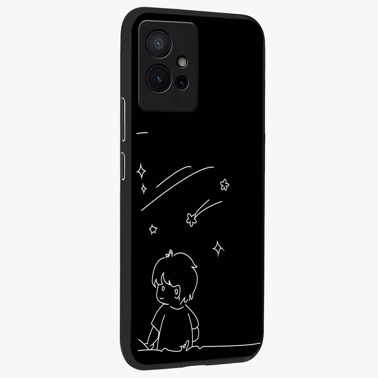 Line Art Boy With Shooting Stars Glass Case upright view showcasing artistic shooting star illustration with minimal style.