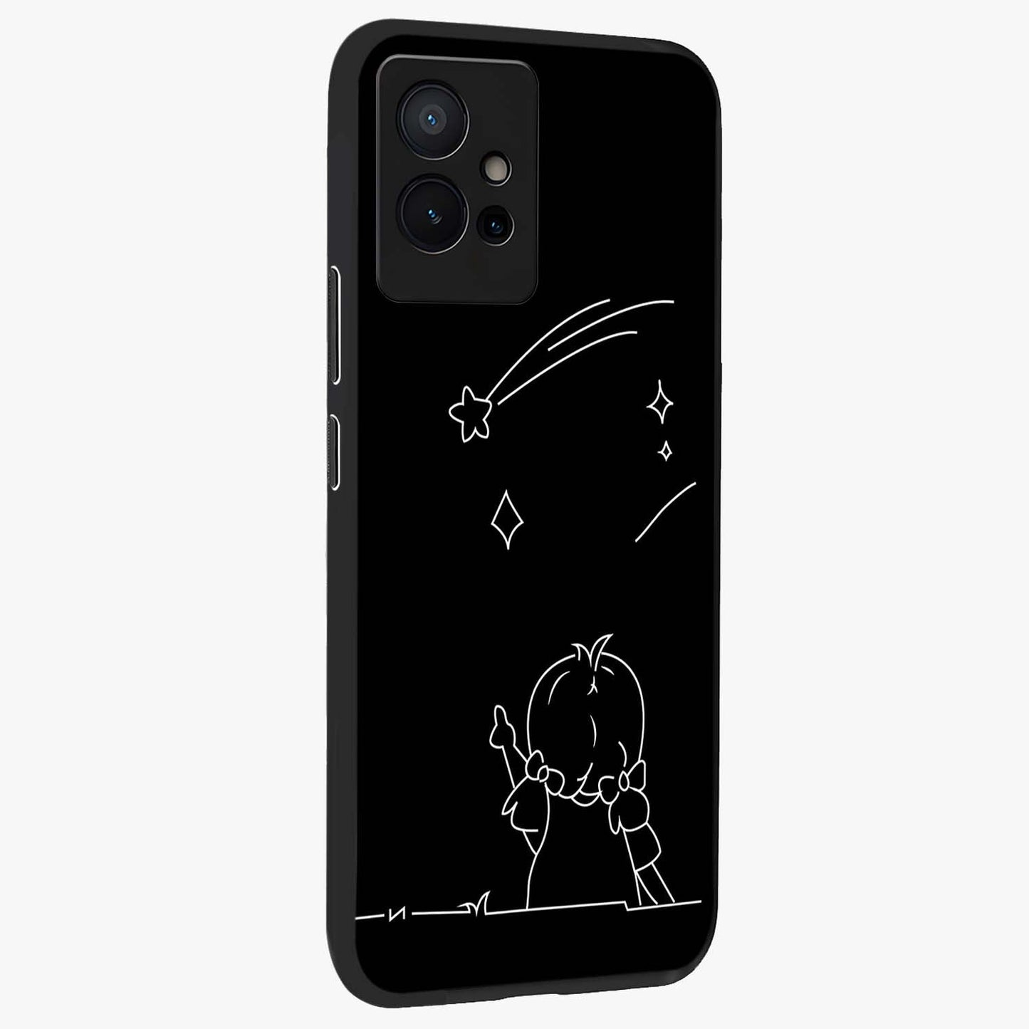 Line Art Girl With Shooting Stars Glass Case upright view showcasing delicate shooting stars artwork with minimal artistic theme.
