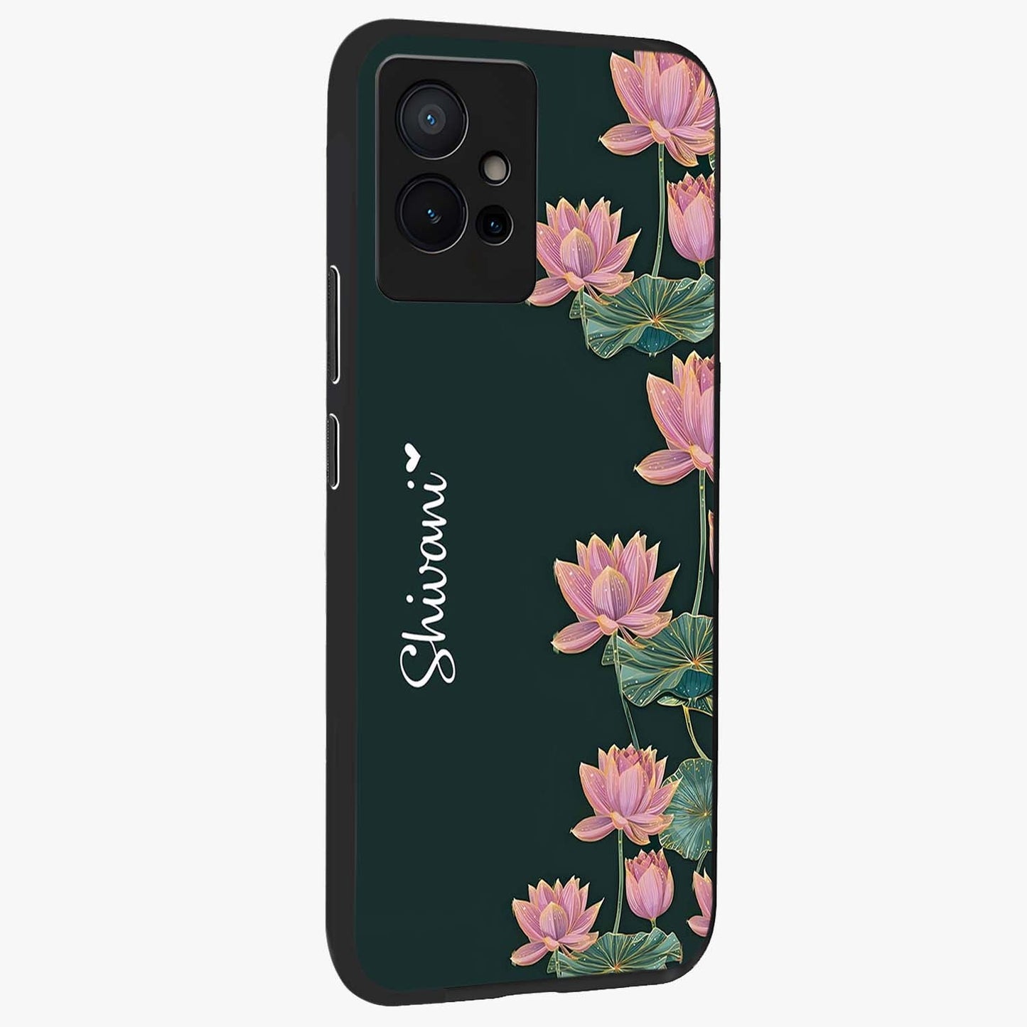 Lotus Bloom Serenity Custom Name Glass Case upright view showcasing serene lotus bloom artwork with personalized floral aesthetic.