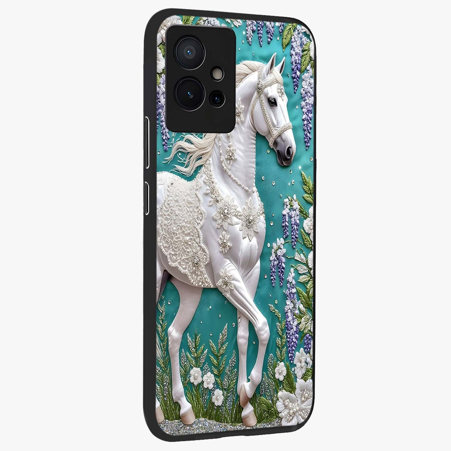 Majestic Floral Stallion Glass Case upright view showcasing dramatic horse artwork with decorative floral theme.