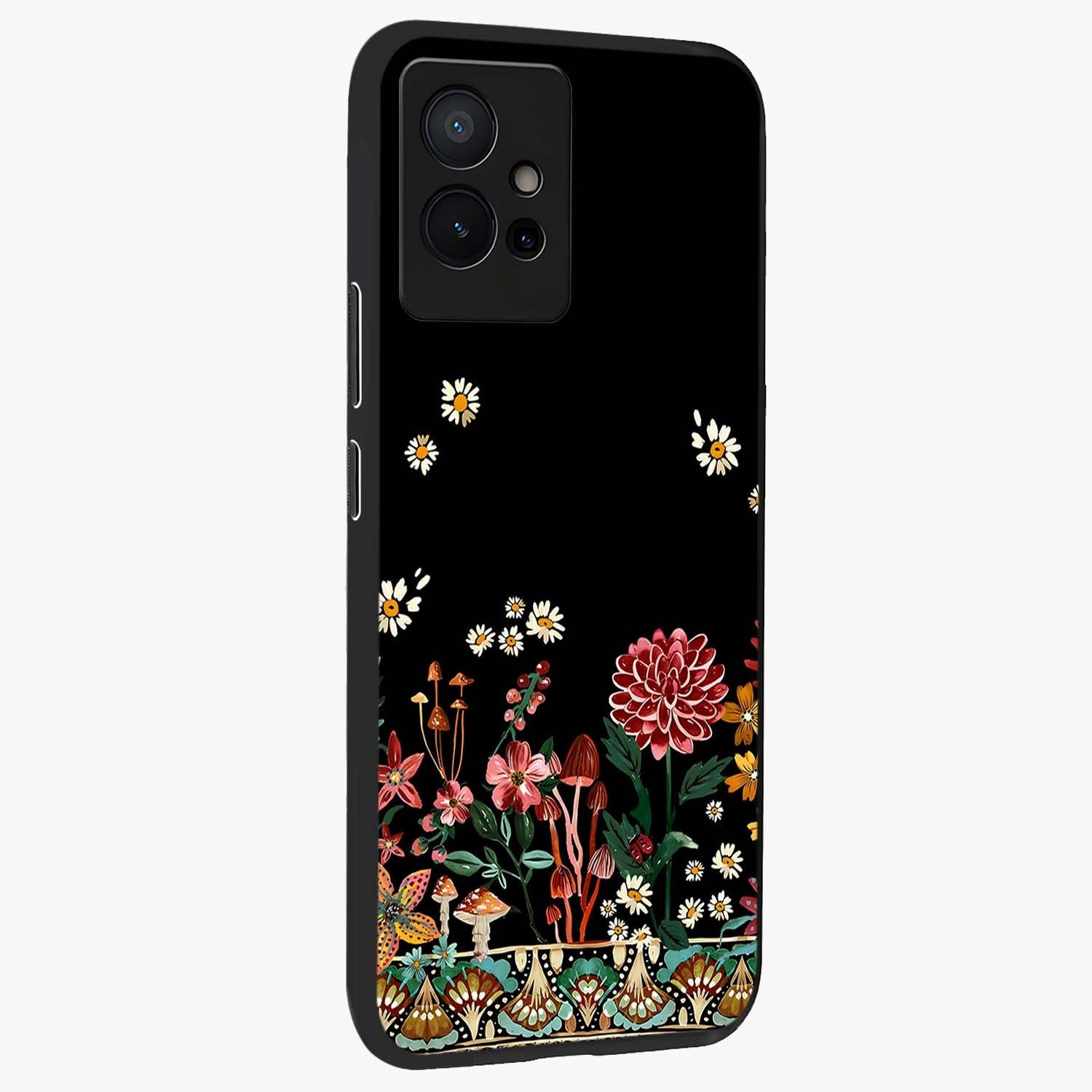 Midnight Bloom Pattern Glass Case upright view showcasing decorative floral artwork with deep night themed palette.