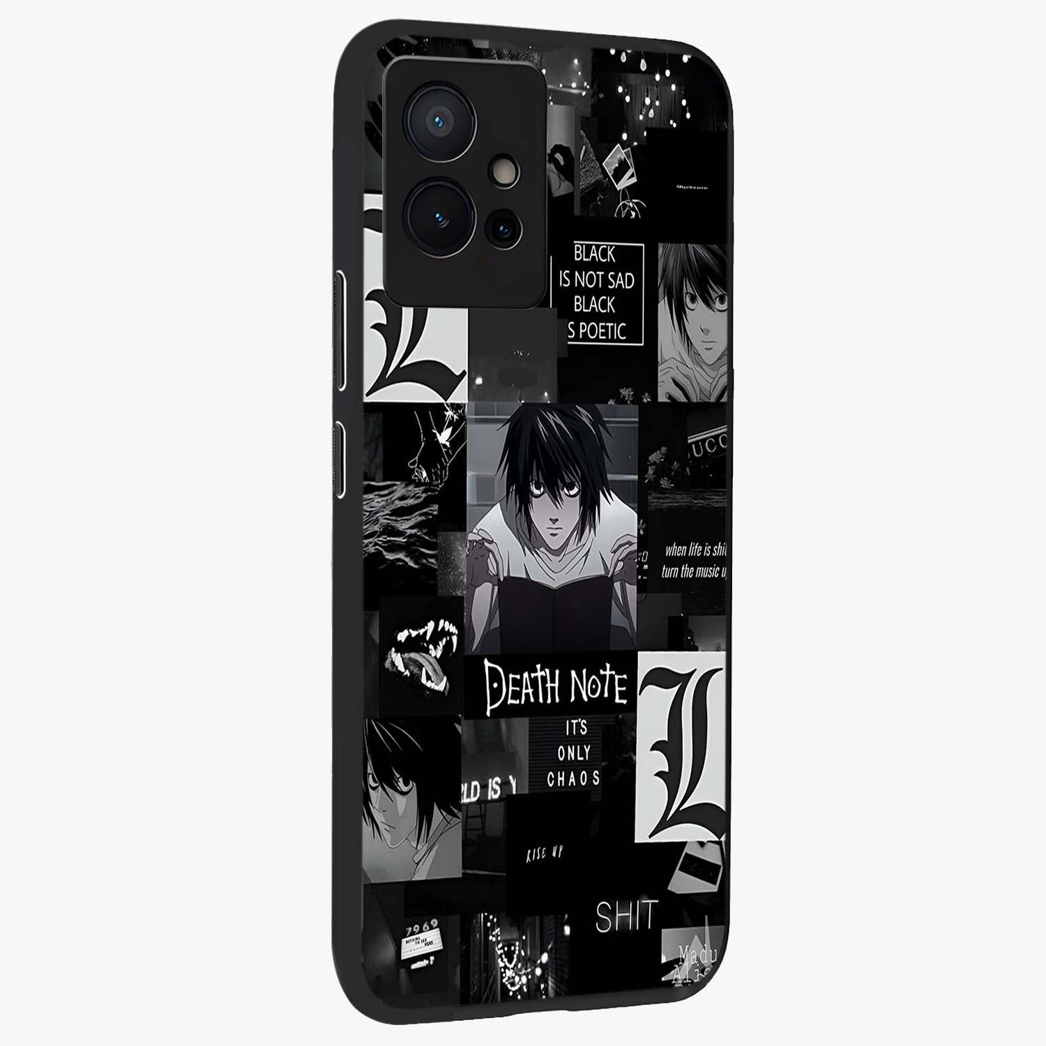 Midnight Chaos Mind Glass Case upright view showcasing expressive abstract artwork with bold dark theme.