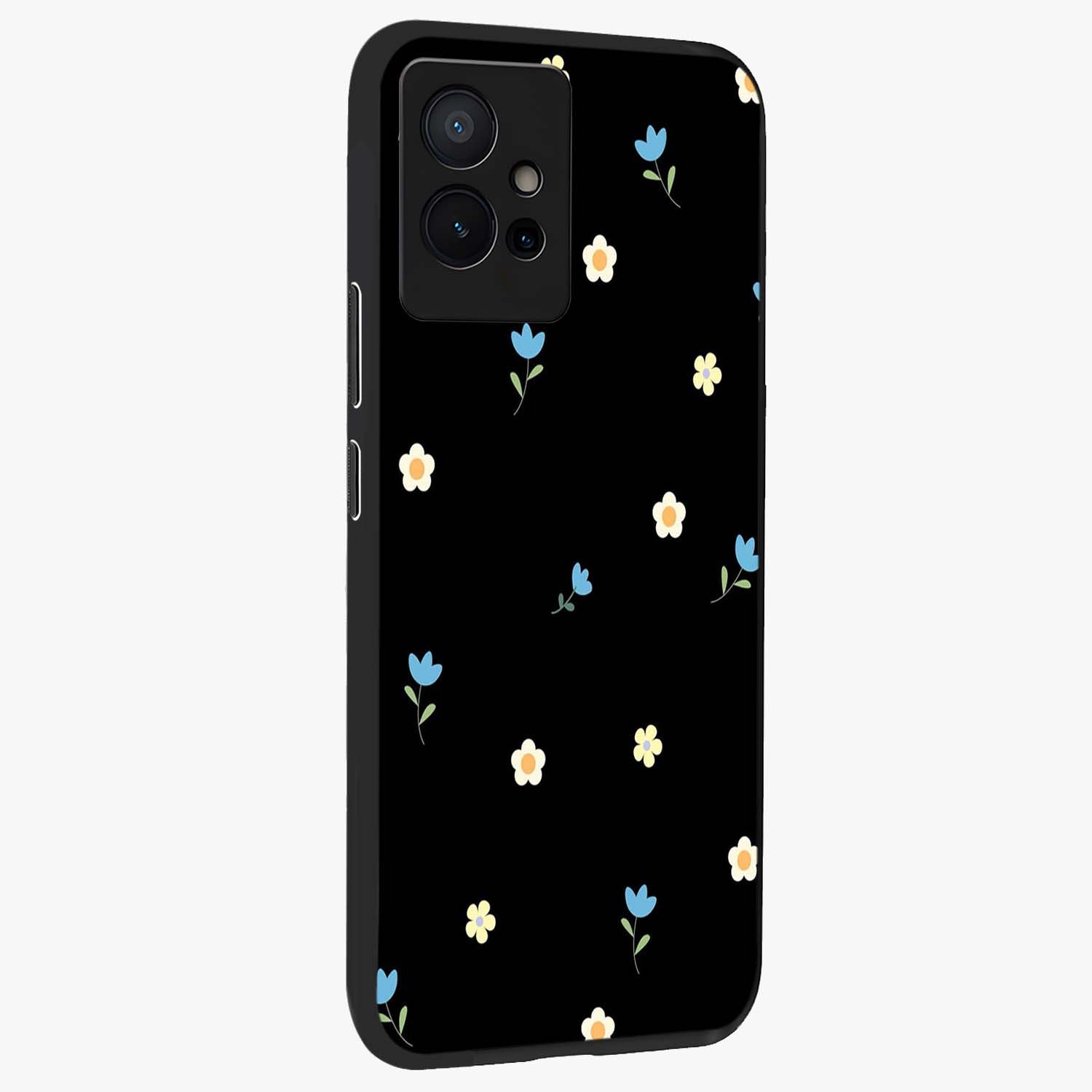 Minimal Petal Whispers Glass Case upright view showcasing elegant floral artwork with modern minimalist style.