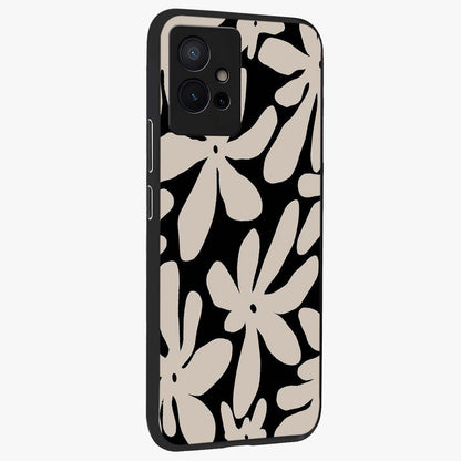 Monochrome Petal Dance Glass Case upright view showcasing artistic floral pattern with stylish monochrome theme.